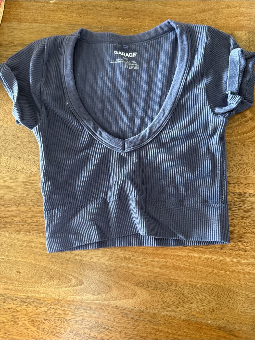 Garage Navy Ribbed V-Neck Cropped Tee